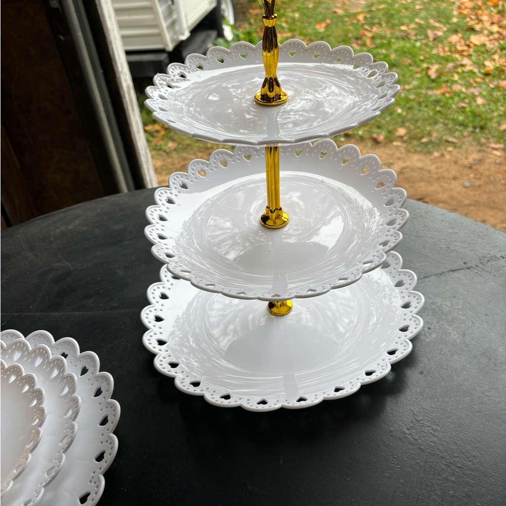 White and Gold Three-Tiered Serveware Stand